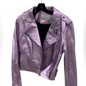 $1495 The Mighty Company The Metallic Biker Crop Lambs Leather Jacket Lavender